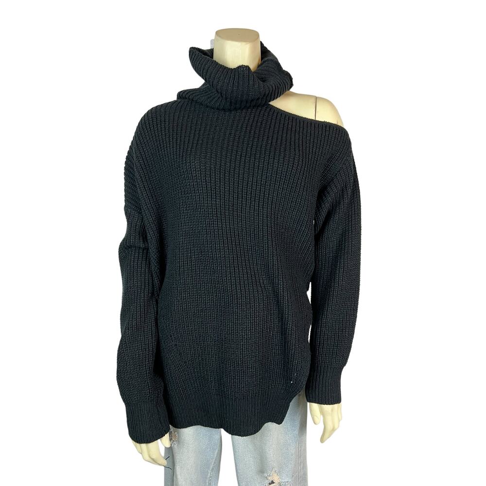 Lulu’s Womens sweater M Medium Black Knit Cold Shoulder Turtleneck Slouchy